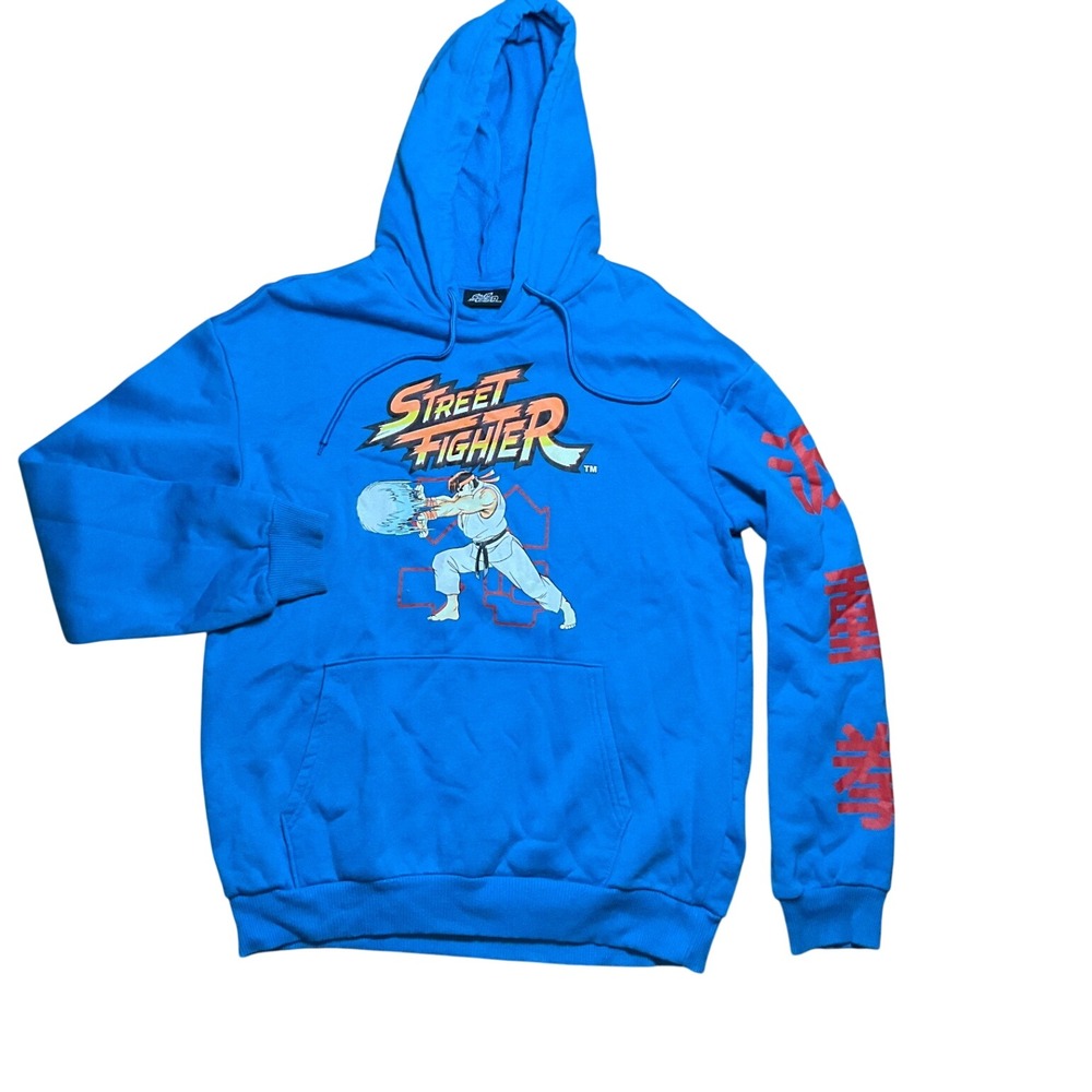 Street Fighter Ryu Hadouken Graphic Hoodie Blue Kanji Sleeve Mens Large L